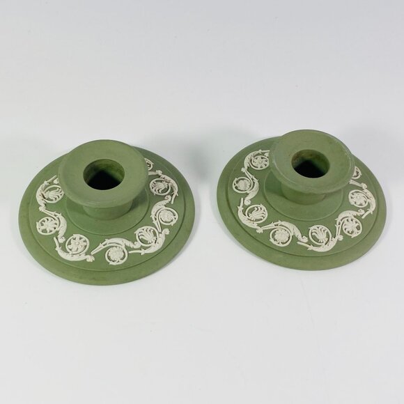 Wedgwood Jasperware Set Of Two Celadon Green Candle Holders - Picture 2 of 5